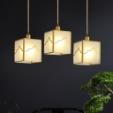 Single Cuboid Ceiling Pendant Simple Brass Frosted Glass Hanging Light Fixture with Waveform Pattern