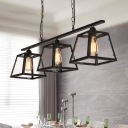 Clear Glass Trapezoid Island Lamp Lodge 3 Heads Dining Room Ceiling Pendant in Black