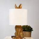 Antiqued Gold Rabbit Night Lamp Vintage Metal 1 Bulb Bedroom Table Light with White Barrel Fabric Lampshade