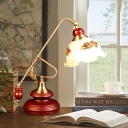 Vintage Floral Reading Light 1-Head White Printing Glass Table Lamp with Balance Arm