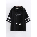 Trendy Girls Short Sleeve Drawstring Letter MEOW Cat Paw Grapic Relaxed Ears Hooded T-Shirt