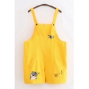 Preppy Girls Sleeveless Cartoon Hamster Seeds Print Patched Pocket Rolled Edge Straight Suspender Shorts