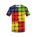 Fashionable Mens Short Sleeve Crew Neck Geometric 3D Printed Colorblocked Slim Fit Colorful T Shirt