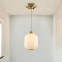 Opal Frosted Glass Ceiling Hanging Lantern Minimalist 1-Light Foyer Pendant Light Fixture in Brass
