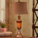 Flaxen Curved Drum Table Light Countryside Fabric 1 Head Bedroom Night Stand Lamp