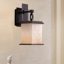 1 Bulb Frosted Crackle Glass Wall Light Lodge Black Cuboid Bedside Sconce Light Fixture