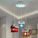 Cabin Cluster Pendant Light Cartoon Metal 3 Heads Nursery School Hanging Lamp in Red-Yellow-Blue