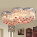 Dual Heart Crystal Ceiling Fixture Modern 8-Head Living Room Flush Light in Pink with Rose Decor