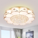 Milk Glass Scalloped Flush Light Simplicity LED Living Room Flush Mount in Gold with Crystal Ball
