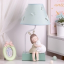 Green 1 Head Table Light Korean Garden Fabric Conical Night Stand Lamp with Girl and Rabbit Decor