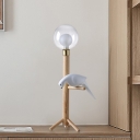 1-Light Bedside Nightstand Lamp Nordic Wood Table Light with Orb Clear Glass Shade and Bird Decor
