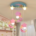 Dangling Moon and Star Semi Flush Kids Style Wood 5-Light Pink/Blue Ceiling Mount Light Fixture