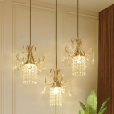 Traditional Draped Multi Hanging Light 3 Bulbs Crystal Pendant Lamp with Swirly Top in Gold