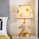 Tapered Night Table Light Cartoon Fabric 1-Head Gold Nightstand Lamp with Resin Monkey