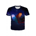 Popular Mens Owl 3D Patterned Short Sleeve Crew Neck Slim Fit T Shirt in Dark Blue
