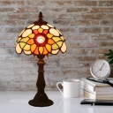 Bronze 1-Bulb Table Light Mediterranean Stained Art Glass Scalloped Night Lamp with Flower Pattern