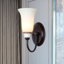 1-Light Sconce Light Fixture Rural Bedroom Wall Mount Lighting with Cone Opal Glass Shade in Black