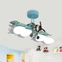 Green Aircraft Semi Flush Light Kid 4-Light Metal Ceiling Mount Chandelier with White Glass Shade