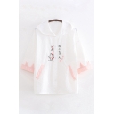 Japanese Letter Cat Embroidered Contrasted Patched 3/4 Sleeves Button down Relaxed Fit Sun Protection Daily Jacket for Women