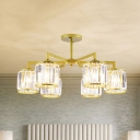 Gold 3/6-Head Ceiling Mount Chandelier Modernism Crystal Drum Semi Flush Light with Radial Arm