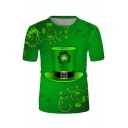 Clover Hat 3D Printed Short Sleeve Crew Neck Regular Fit Fancy T Shirt in Green