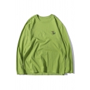 Popular Green Dinosaur Embroidered Long Sleeve Crew Neck Oversize Tee Top for Guys