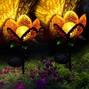 Etched Flower Solar LED Stake Lights Modern Iron 2-Pack Garden Landscape Lighting in Gold