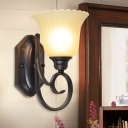 Black 1-Head Wall Light Sconce Antique Frosted Glass Floral Wall Lamp with Scrolled Arm