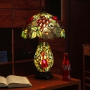 2 Lights Night Light Tiffany Domed Cut Glass Fruits Patterned Nightstand Lighting in Blackish Green with Vase Base