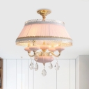 Pink/Blue 4 Lights Hanging Lamp Rustic Pleated Fabric Tapered Chandelier with Rick Rack Trim and Candle Design