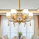 6-Bulb Trapezoid Hanging Pendant Modernist Champagne Fabric Chandelier with Crystal Accent