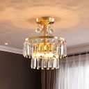 3 Bulbs Semi Flush Lighting Traditional 2-Layer Crystal Rectangle Close to Ceiling Lamp in Brass