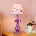 1 Light Table Lighting Pastoral Cone/Flare Fabric Girl/Flower Pattern Night Stand Lamp with Vase Glass Base in Purple