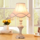 Flared Fabric Nightstand Light Korean Garden 1 Head Lounge Table Lamp with Scallop Edge in White