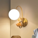 Cream Glass Orb Wall Light Kids 1 Bulb Sconce Lighting Fixture with Sika Deer Decor and Gooseneck Arm in Gold