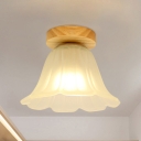 Flower Mini Bedroom Ceiling Light White Glass 1 Bulb Simple Flush Mount Lighting in Wood