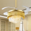 Gold 4 Tiers Ceiling Fan Lighting Modernism Crystal Rectangle LED Semi Flush Mount Lamp Fixture with 3 Clear Blades, 19