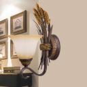 Traditional Bell Sconce 1-Head Frosted Glass Wall Light in Black and Gold with Ear of Wheat Decor