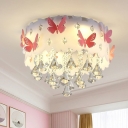 Drum Bedroom Ceiling Lamp Modern Diamond Crystal 4/6 Heads Pink Flush Light with Butterfly Decor