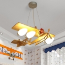 Kids Airplane Wooden Chandelier 4 Lights Suspension Lighting in Yellow for Boy's Bedroom