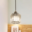 Rectangle-Cut Crystal Cylinder Pendant Modernist 1 Light Restaurant Hanging Light in Chrome