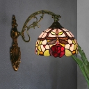 Stained Glass Bronze Wall Mount Light Dome 1-Light Tiffany Sconce Lighting with Dragonfly and Flower Pattern
