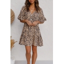 Popular Womens Leopard Printed Ruffled Bell Sleeves V-neck Button up Short Pleaed A-line Dress in Khaki