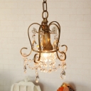 Antique Brass Single Pendulum Light Rustic Crystal Strand Scroll Small Pendant Lamp