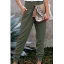 Trendy Womens Solid Color Elastic Waist Ankle Length Slit Cuffed Relaxed Trousers