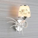 Chrome 1 Bulb Sconce Lamp Pastoral White Glass Conical Wall Light with Flower Pattern and Curved Arm