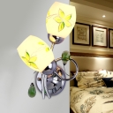 Chrome Bud Wall Light Korean Flower White Glass 2 Bulbs Bedroom Sconce with Green Crystal