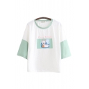 Letter Crazy Rabbit Cartoon Rabbit Graphic Contrasted 3/4 Sleeves Round Neck Relaxed Lovely Tee Top for Women