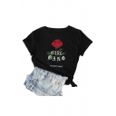 Summer Girls Letter Follow Heart Rose Graphic Rolled Short Sleeve Crew Neck Slim Fit T Shirt