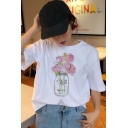 Flower Patterned Short Sleeve Crew-neck Relaxed Fitted Popular T Shirt in White